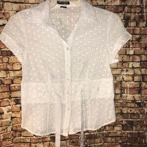 Eyelit cotton frilly blouse/top size large